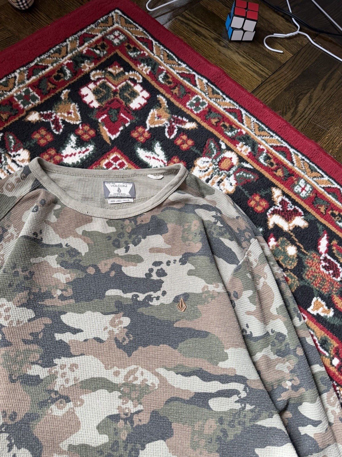 Y2K Volcom Stone Camo Thermal Waffle Knit Vintage Shirt Men L Sweater Skater