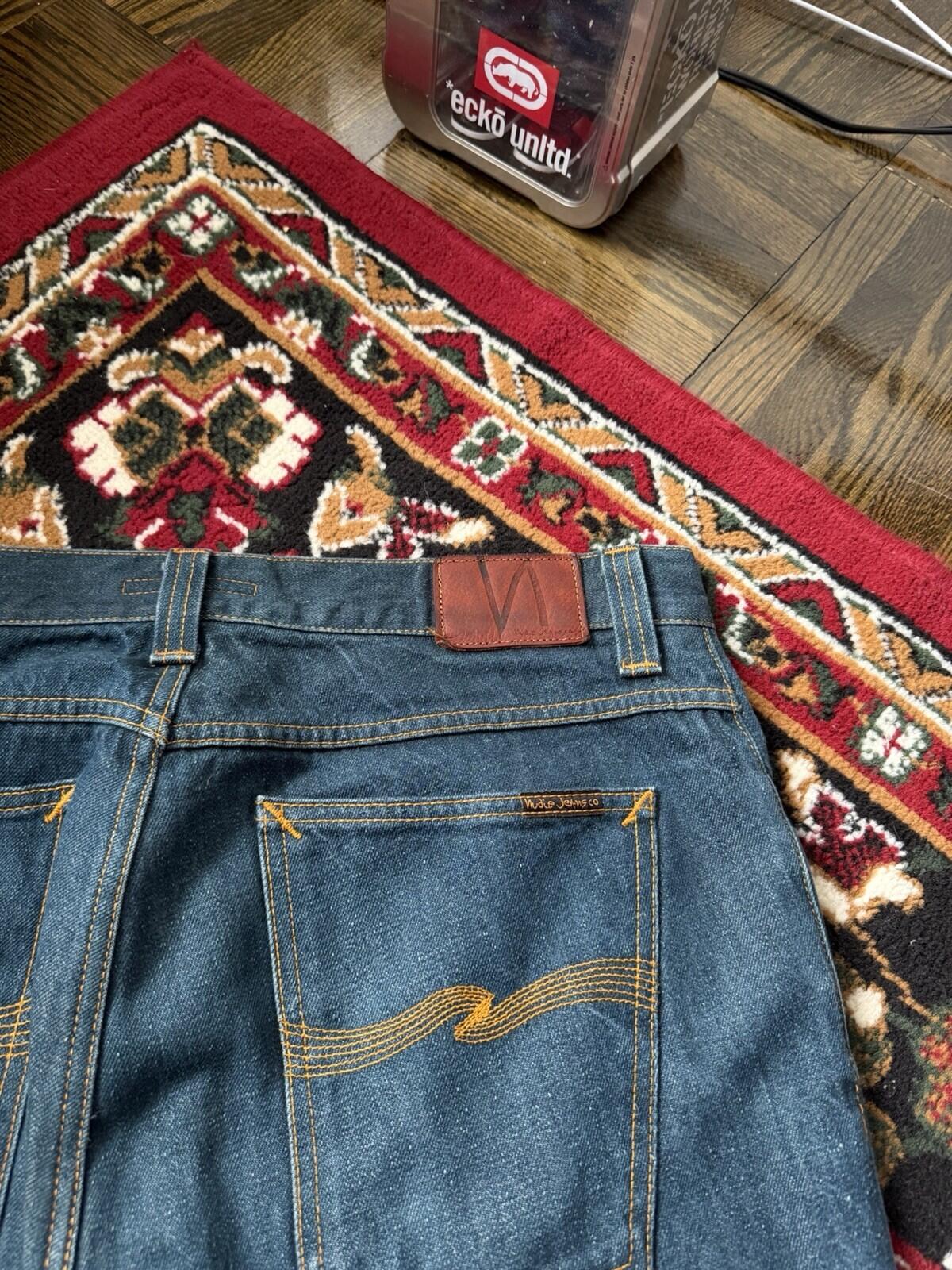 Nudie Grim Tim Organic Dry Greencast Button Fly 36 X 34 Jeans Vintage Blue