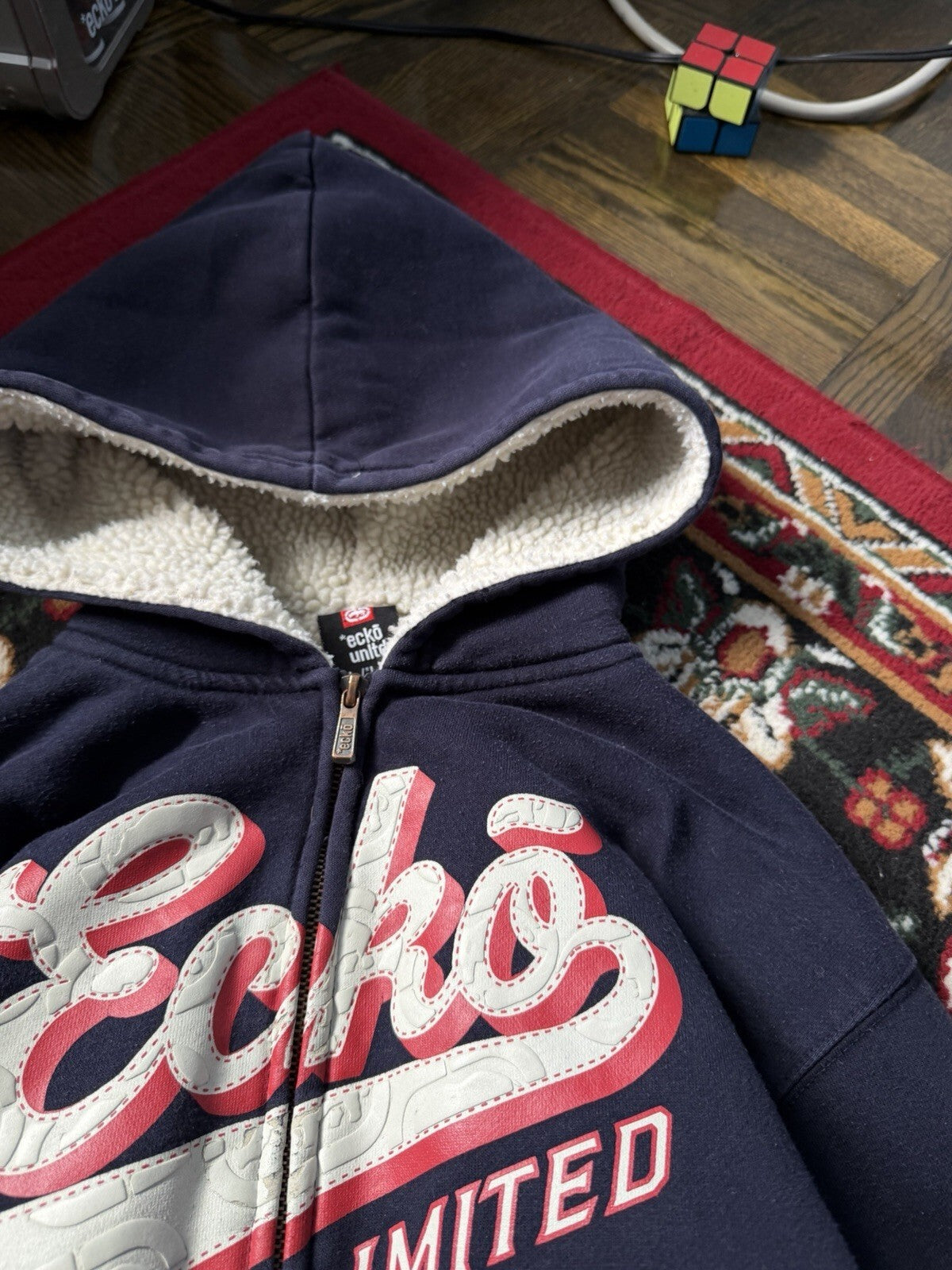 Vintage Ecko Navy Blue Jacket XL Sherpa Fur Lined Hoodie Fleece Y2K Zip AOP
