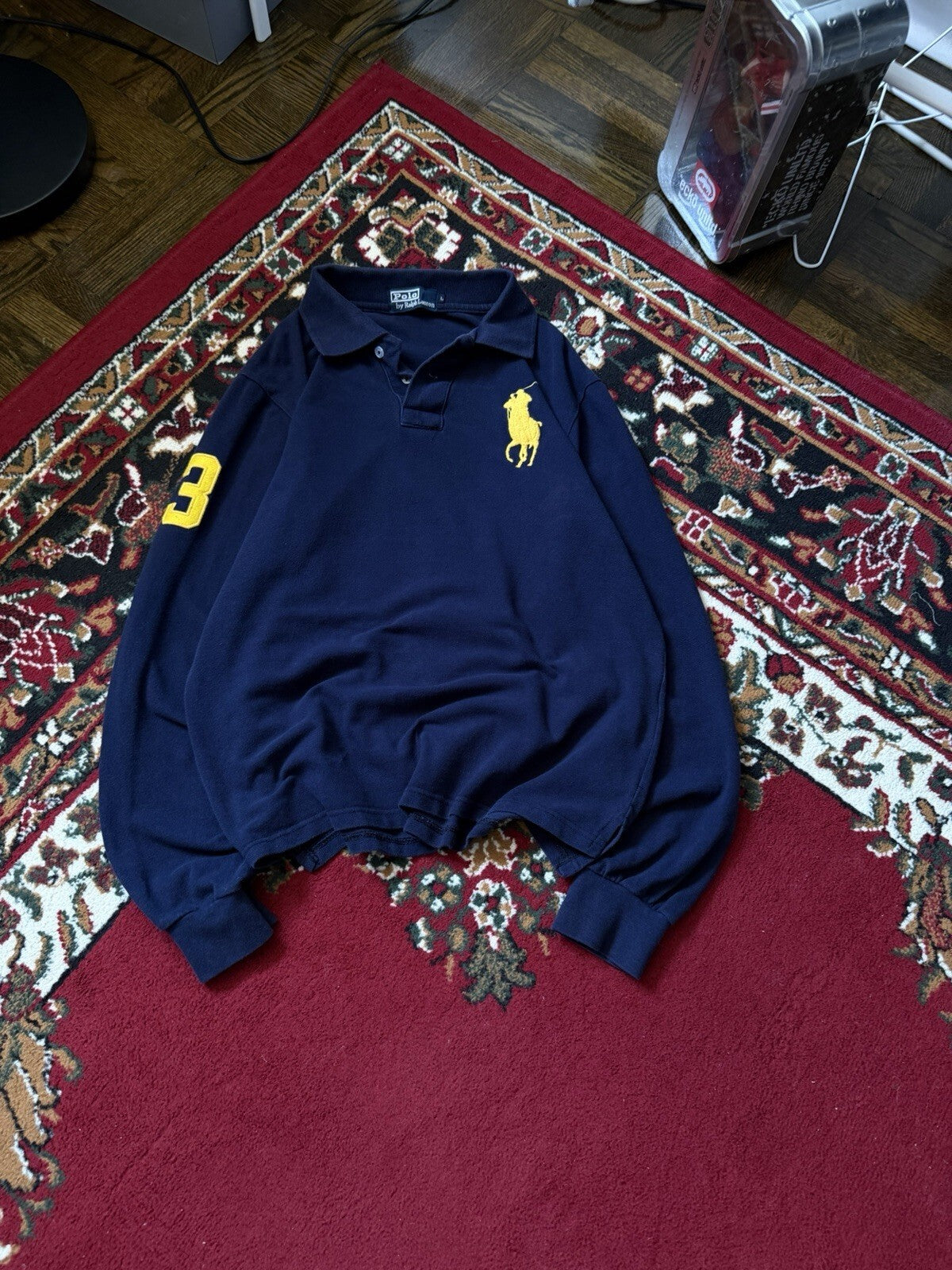 Vintage Polo Ralph Lauren Men Big Pony #3 Rugby Polo Long Sleeve Navy (Sz L) USA