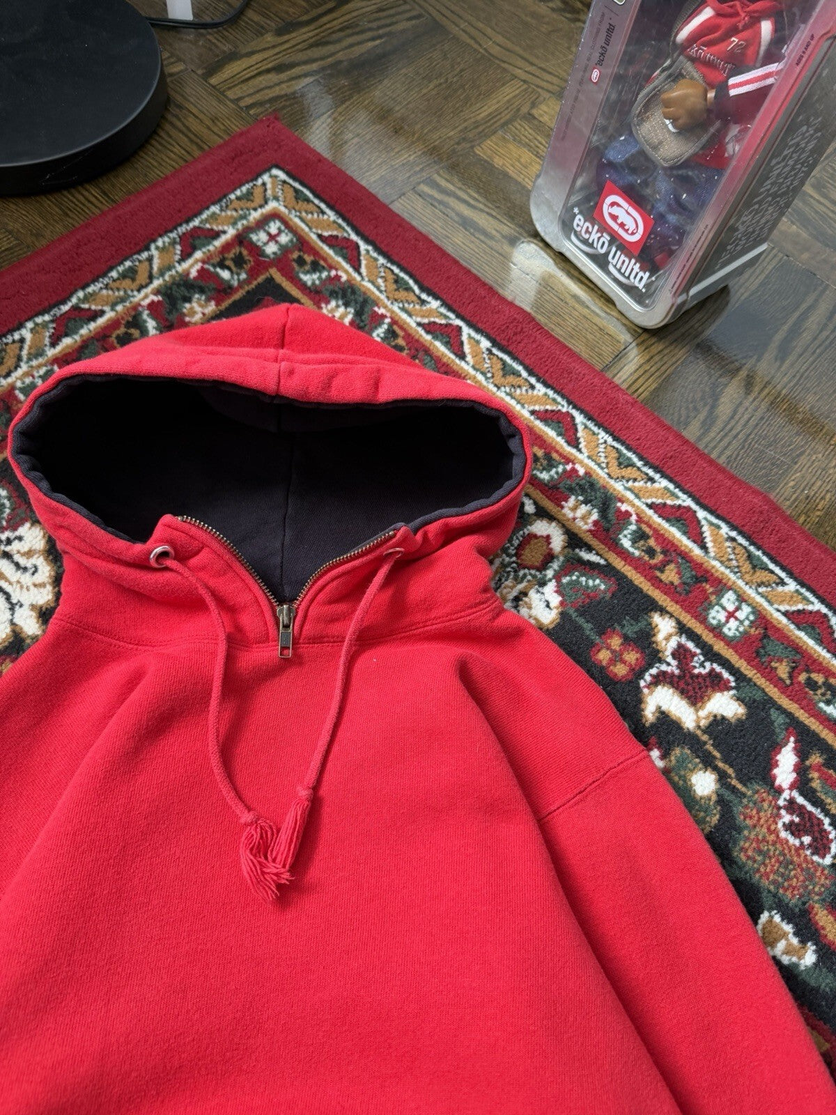 Vintage Champion Hoodie Small  80s 1/5 Zip Activewear Sweatshirt Red