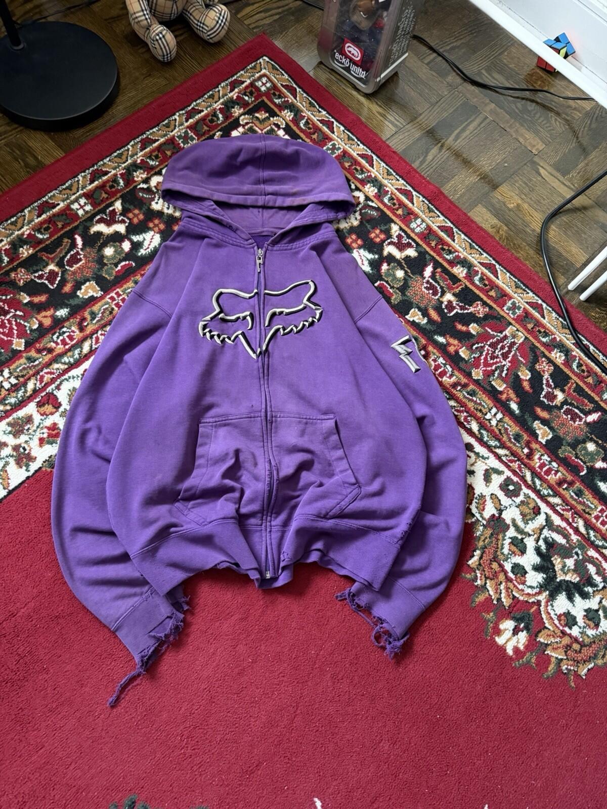 Trashed Fox Racing Full Zip Hoodie Size L Grunge Motocross Distressed Sweatshirt