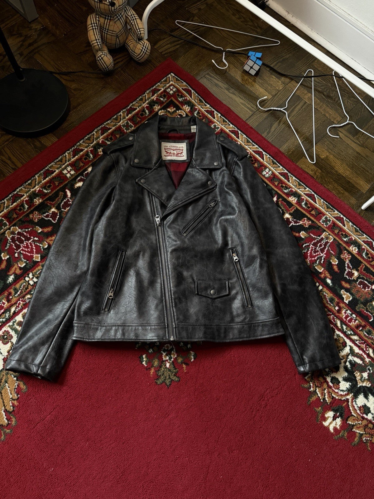 Levi’s Black Faux Leather Moto Jacket Men’s Large Biker USA Buffalo Plaid Lining