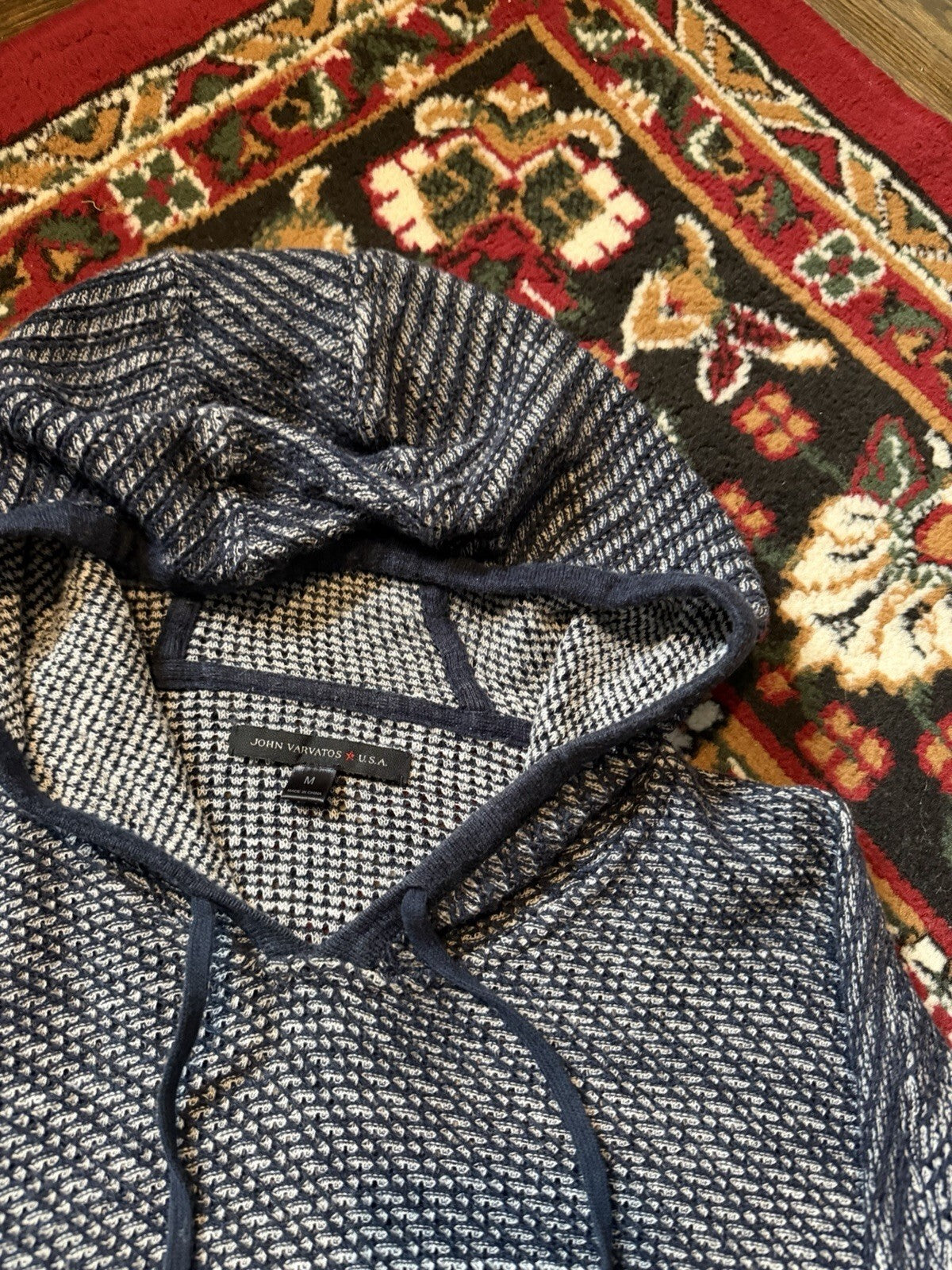 John Varvatos Knit Hoodie Mens Large Cotton Long Sleeve Pullover Textured Slim