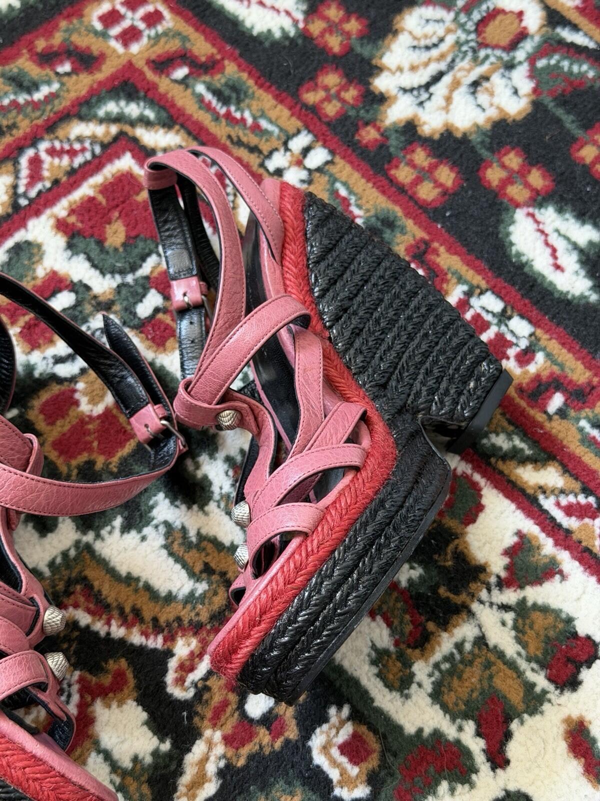 Balenciaga Pink Studded Leather Lacquered Raffia Wedge Platform Sandals Sz.36