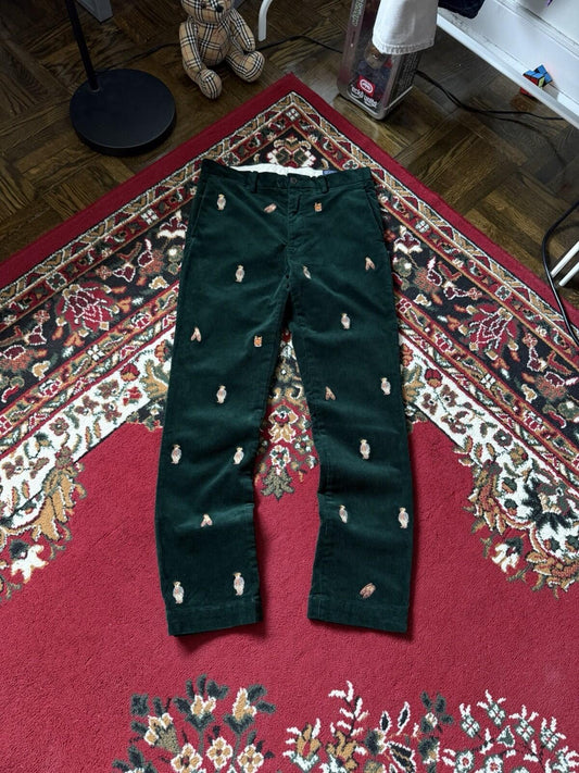 Polo Ralph Lauren Bear Slim Green Corduroy Embroidered Pants Size 30/30