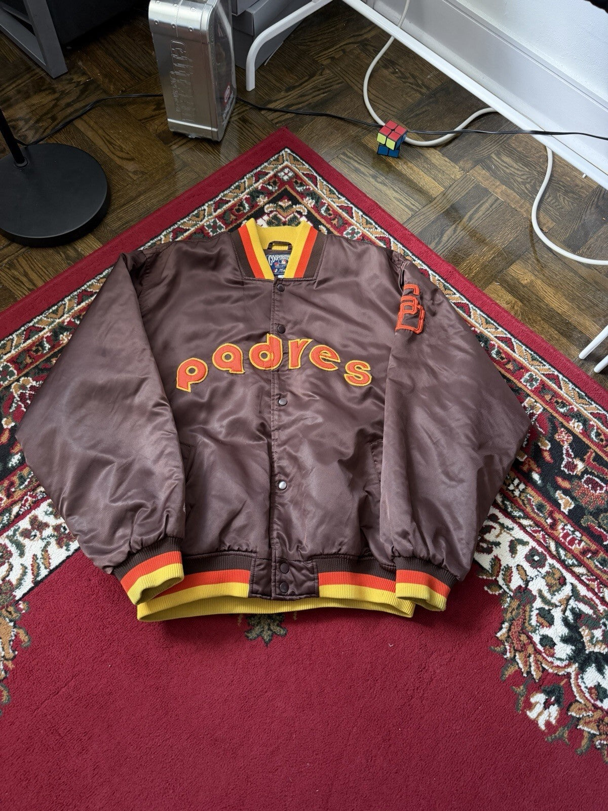 Vintage 90's San Diego Padres Majestic Cooperstown Brown Satin Bomber Jacket XL