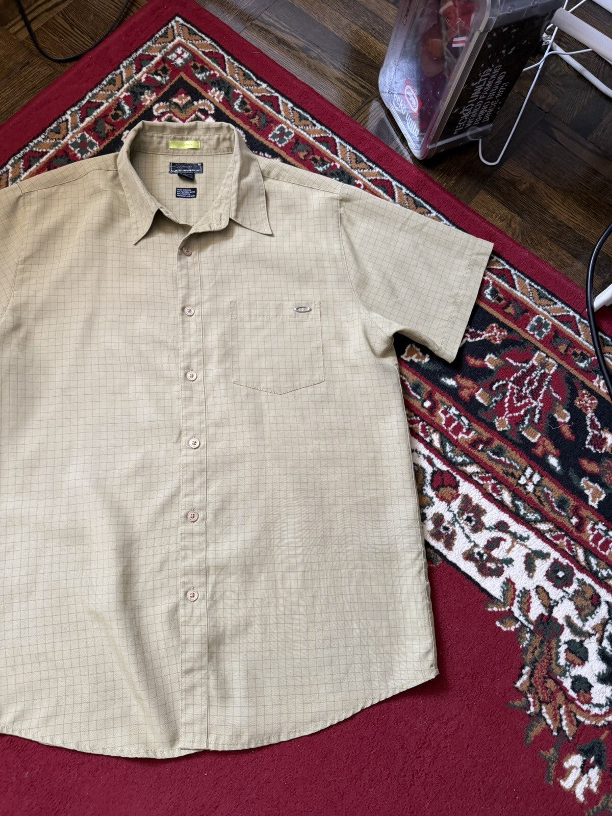 Vintage Oakley Shirt 3D Metal Logo Geometric Short Sleeve Button Up Mens L Y2K