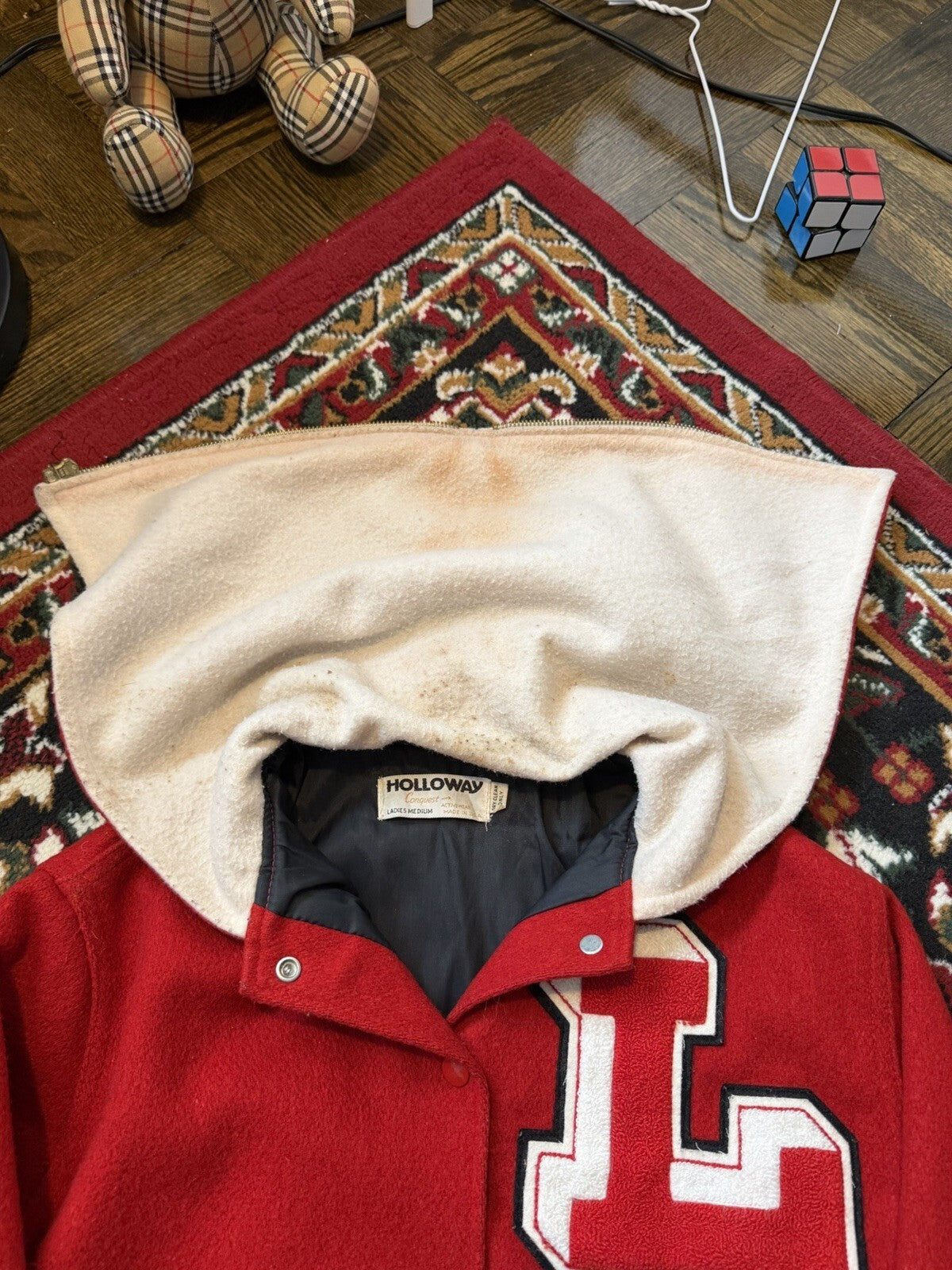 90s Holloway Varsity Letterman Wool Bomber Jacket Zip Hood Red Women’s Medium