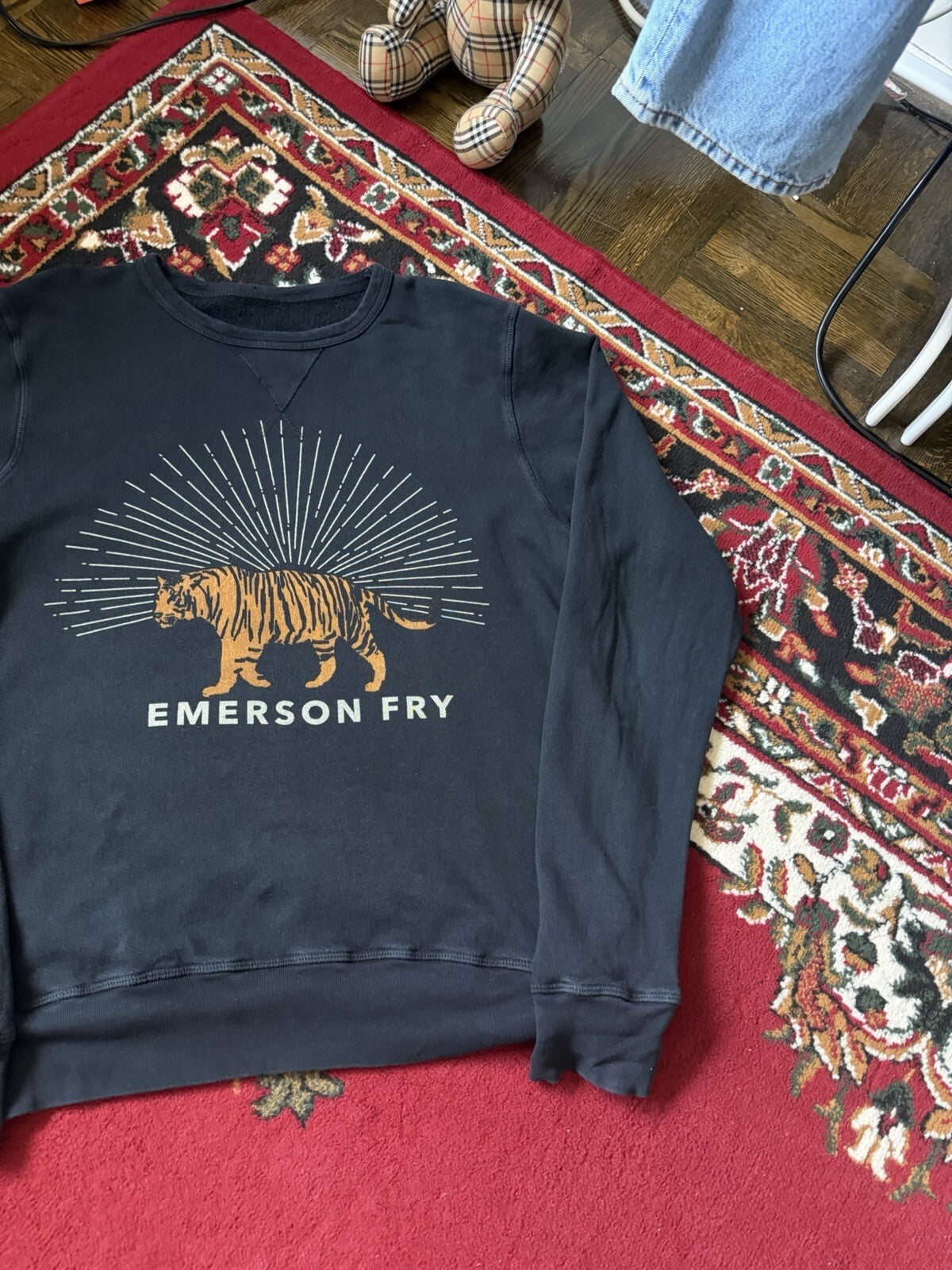 Emerson Fry Sweatshirt Womens Medium Black French Terry Crewneck Tiger USA Made