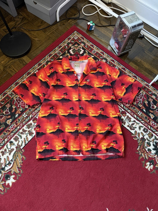 Vintage Quicksilver Sunset Aop 90s Surf Shirt Button Up Size L Orange