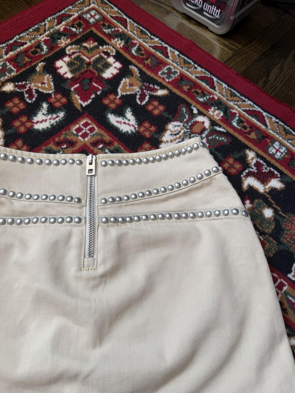 Coach Bleached Denim Mini Skirt Tan White Studded Rivets Pockets Size 0