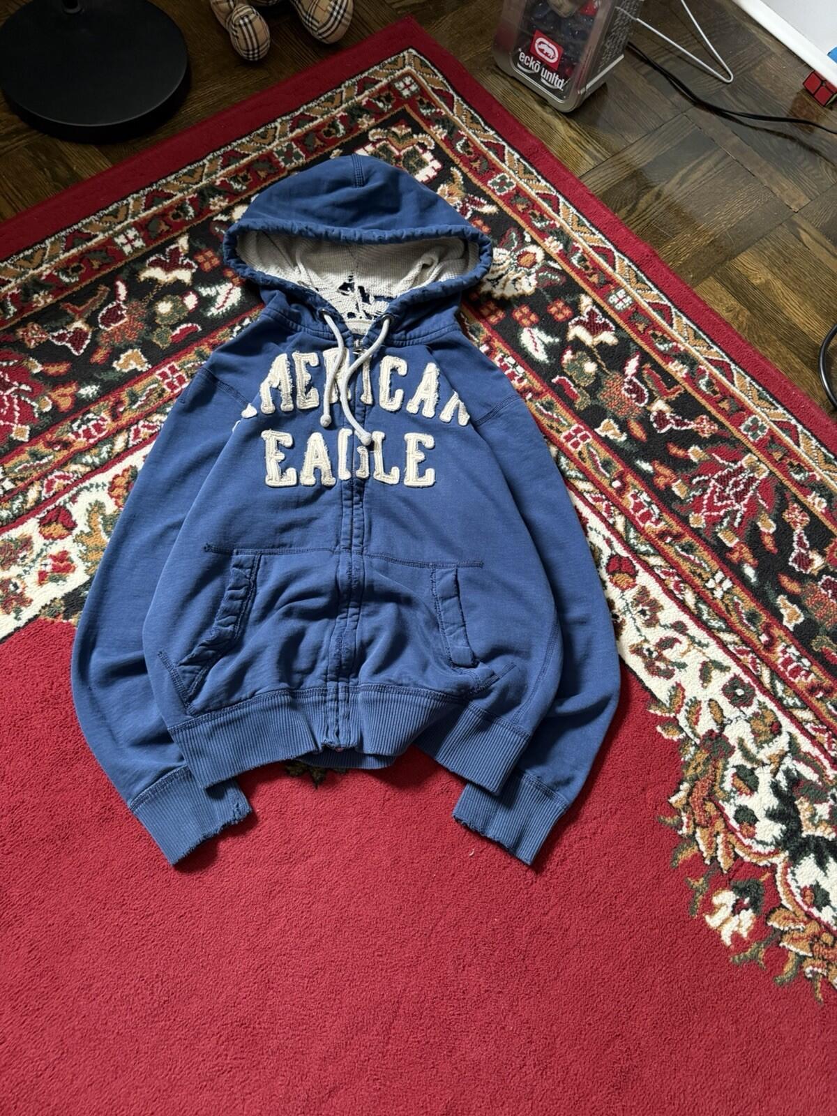 Vintage Y2K American Eagle Zip Hoodie Thermal Hood Distressed Mens Small Grunge