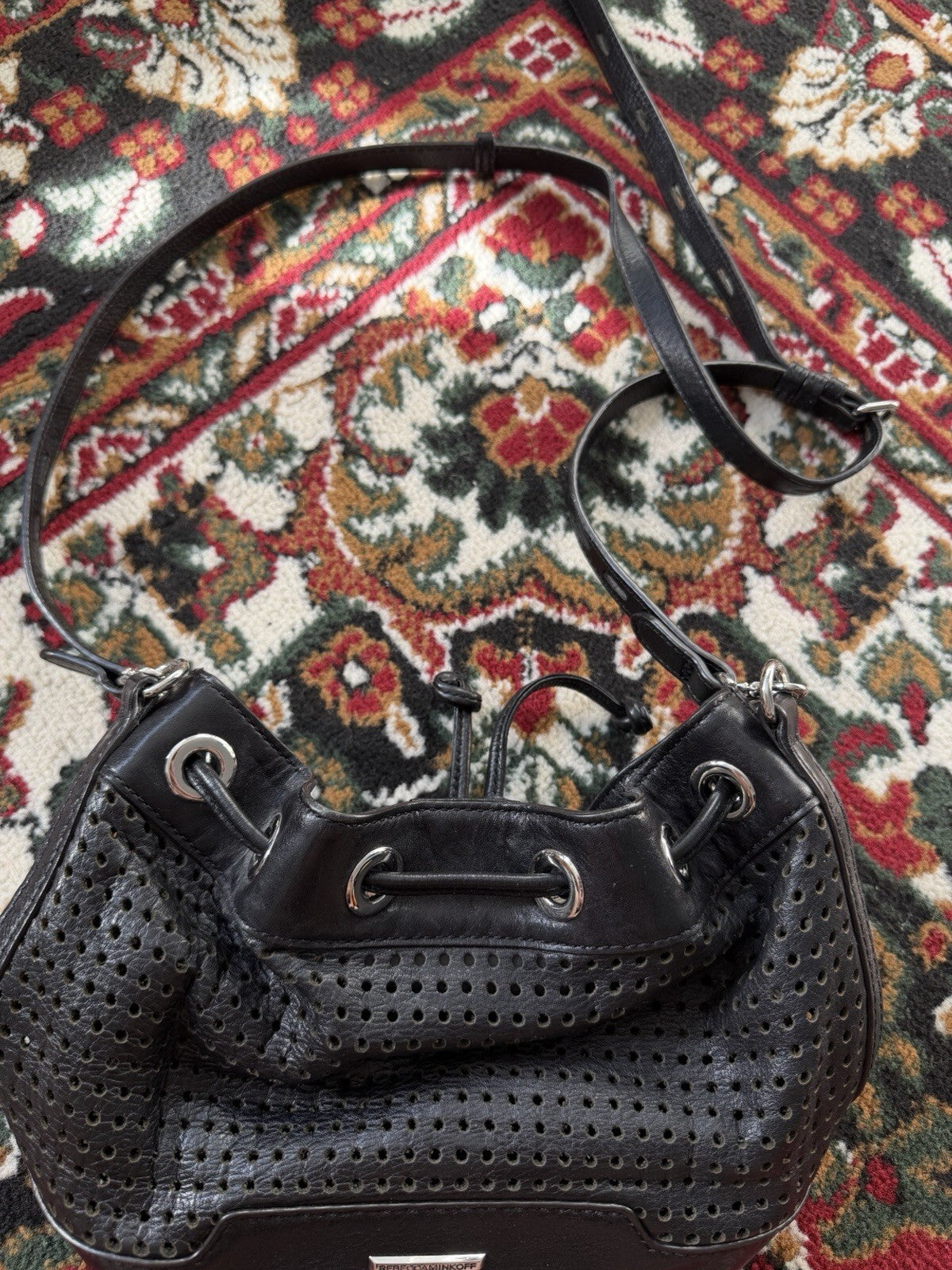 Rebecca Minkoff Perforated Leather Drawstring Bucket Bag Black Crossbody Shoulde