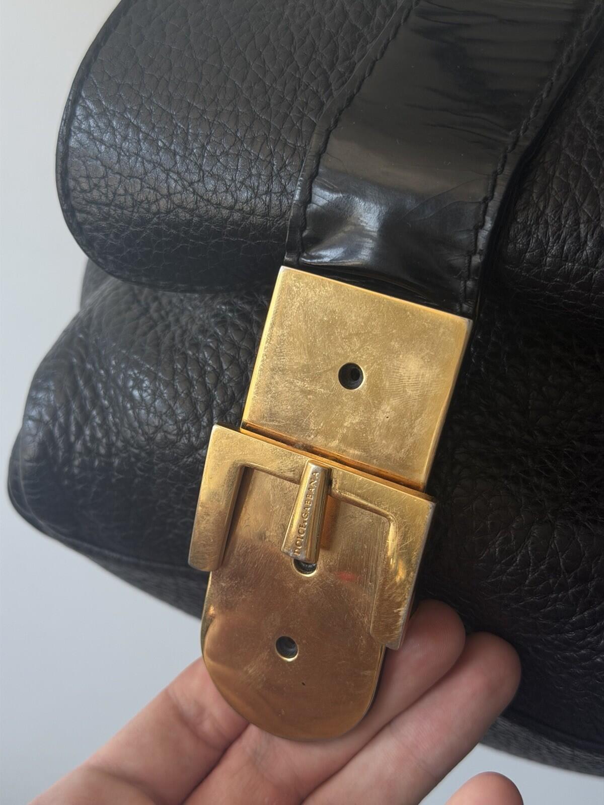 Dolce & Gabbana Y2K Black Pebbled Leather Buckle Shoulder Bag Leopard Lining