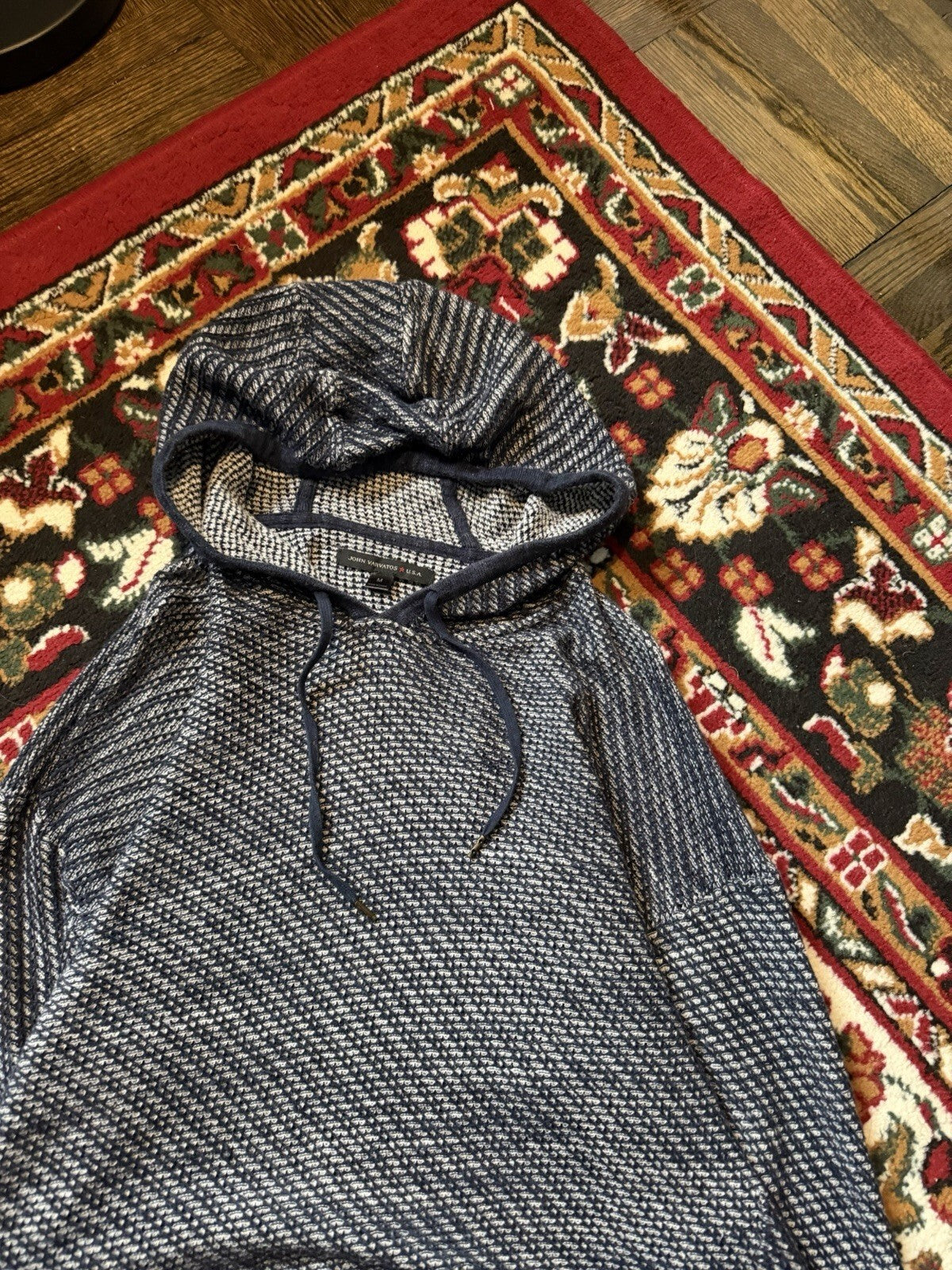 John Varvatos Knit Hoodie Mens Large Cotton Long Sleeve Pullover Textured Slim