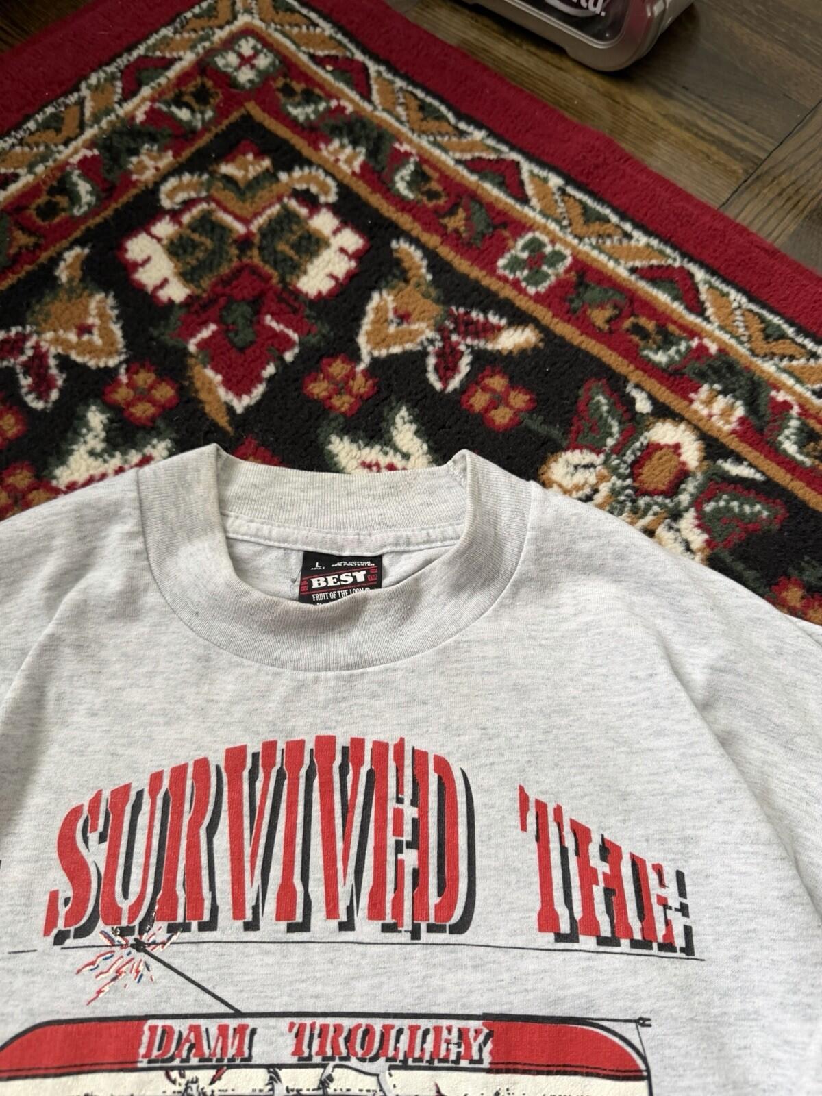 Vintage "I Survived The Dam Trolley Great Flood of 1993" T-Shirt Size L Tee 90s