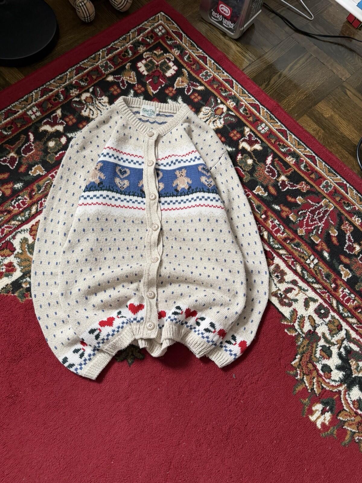 Vintage Cottage Cove Teddy Bear Knit Cardigan Sweater Size S Beige