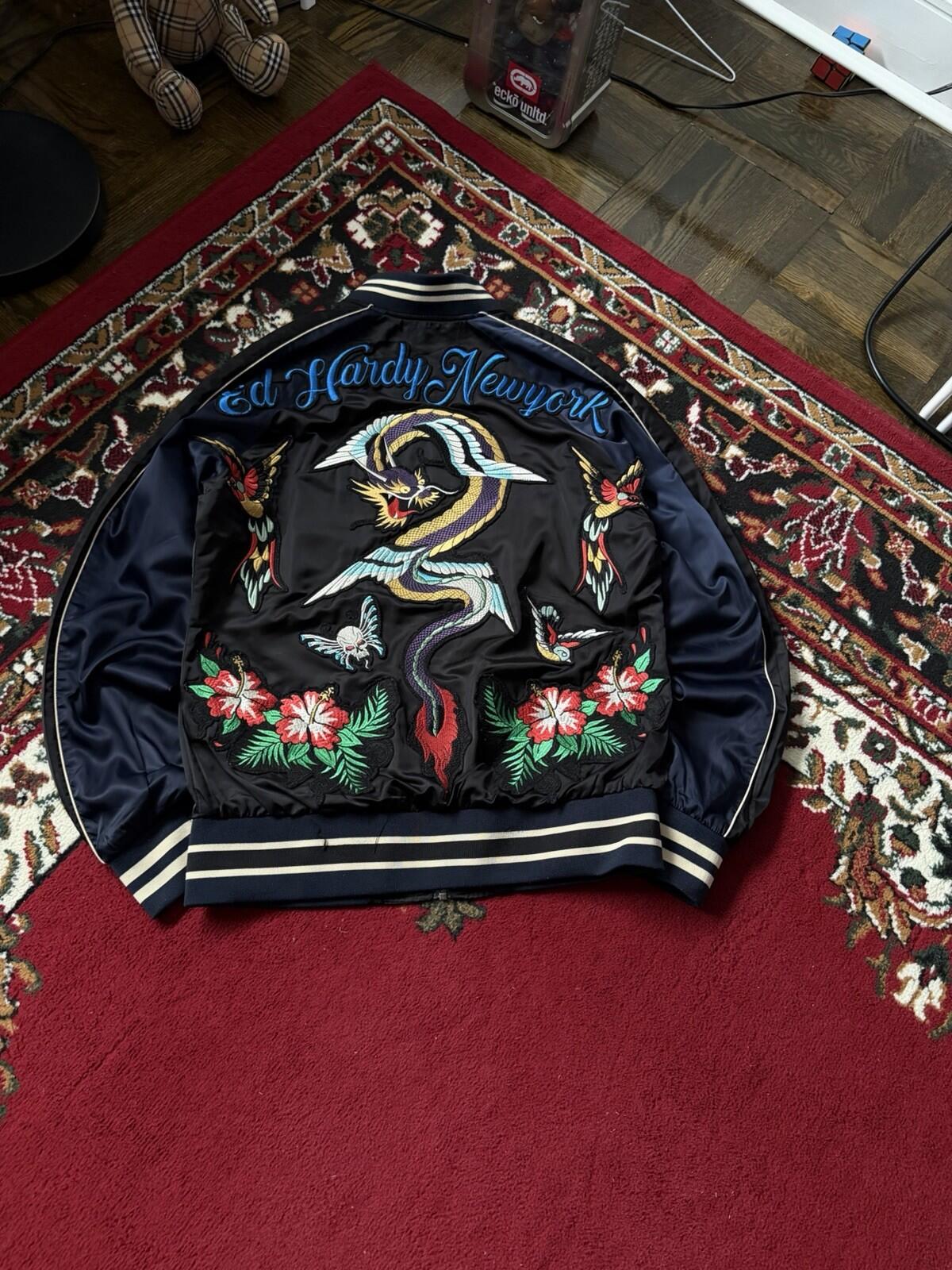 VTG Ed Hardy New York Dragon Japanese Satin Souvenir Bomber Jacket Size M Y2K