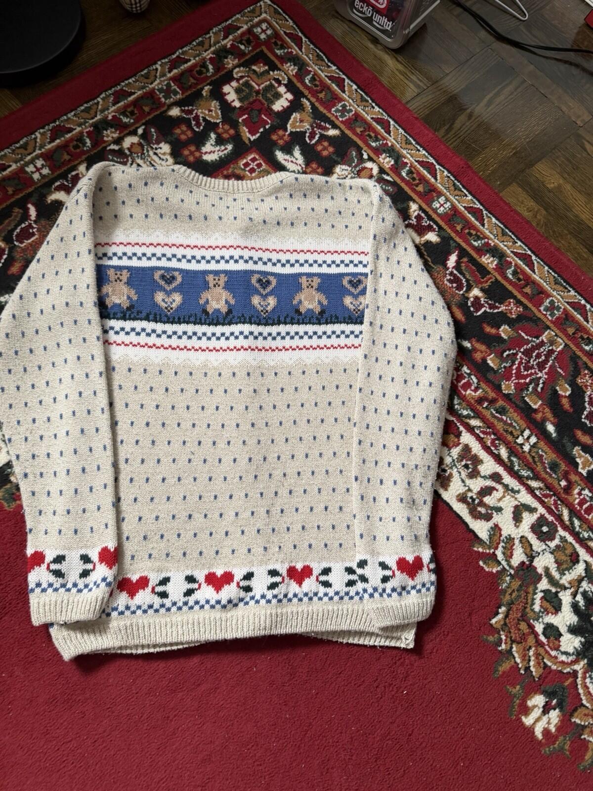 Vintage Cottage Cove Teddy Bear Knit Cardigan Sweater Size S Beige