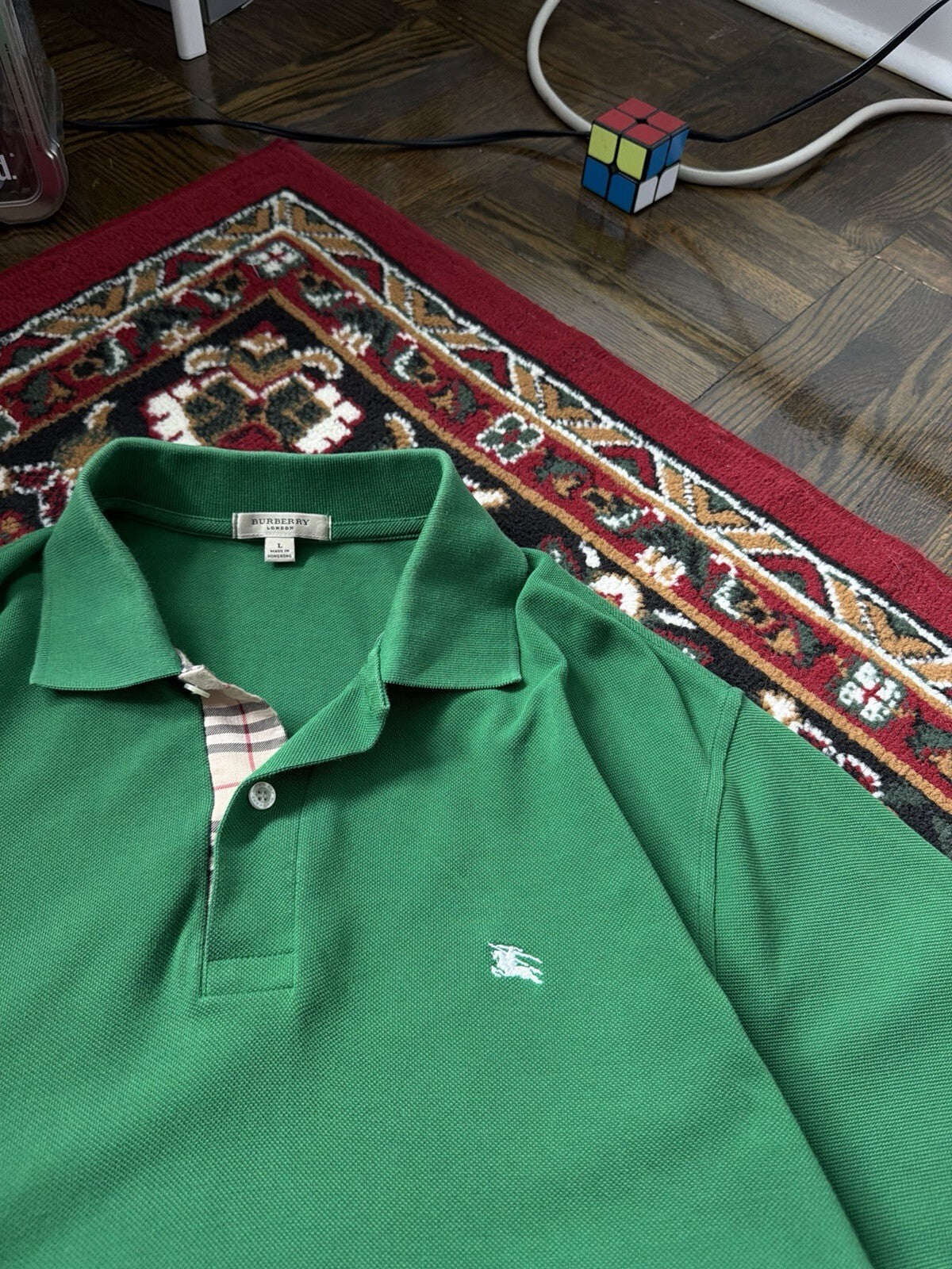 Burberry London Pique Polo Golf Shirt Short Sleeve Green Men's Size L