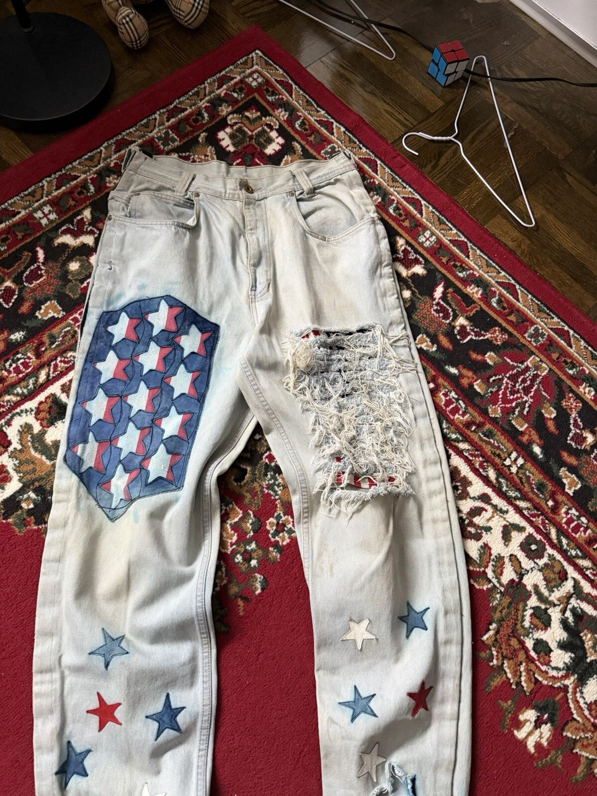 Vintage 90s Parasuco Distressed USA Flag Stars Jeans Light Wash Denim