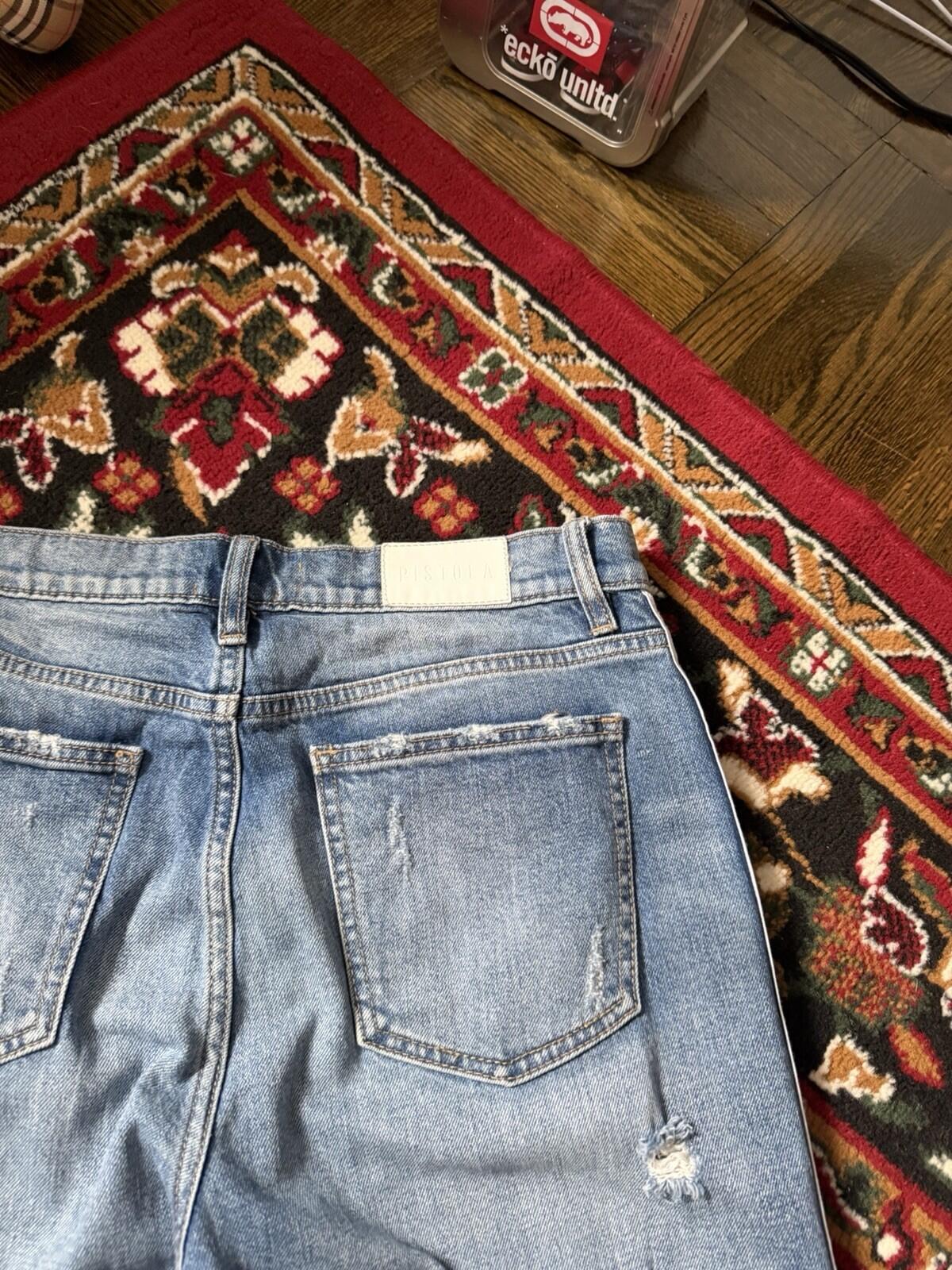 Pistola Women's Straight Zipped Distressed Denim Jeans Blue Pants Size 28