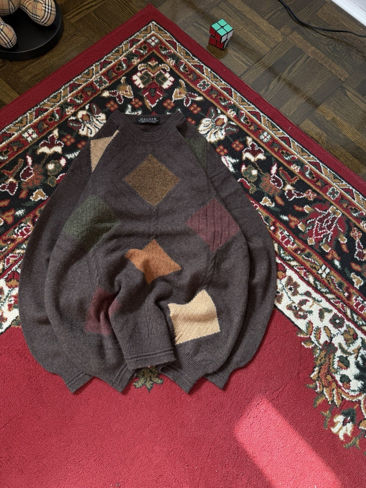 Jaeger Men’s Sweater Geometric Colorblock 100% Lambswool Made in Great Britain