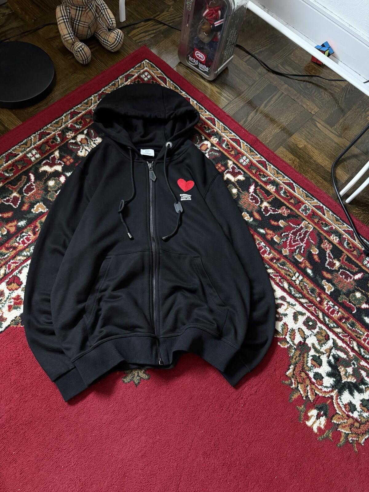 Burberry London Heart Black Full Zip Hoodie Cotton Logo Pockets Size M