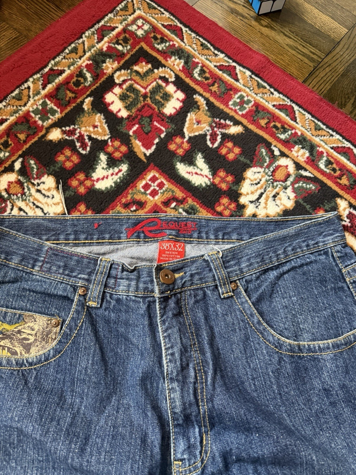Vintage Request Lion Print Jeans Men 38/32 Blue Denim Embroidered Y2K 90s Skater