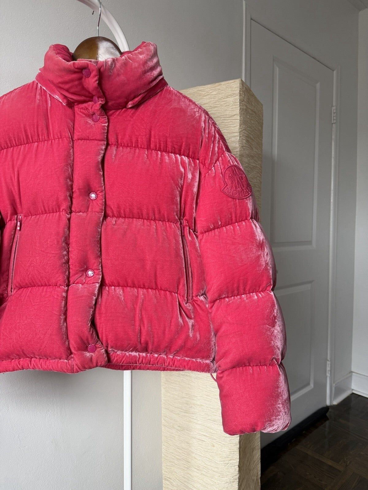 Moncler Fuchsia Caille Velvet Puffer Jacket Coat Womens 0 Pink