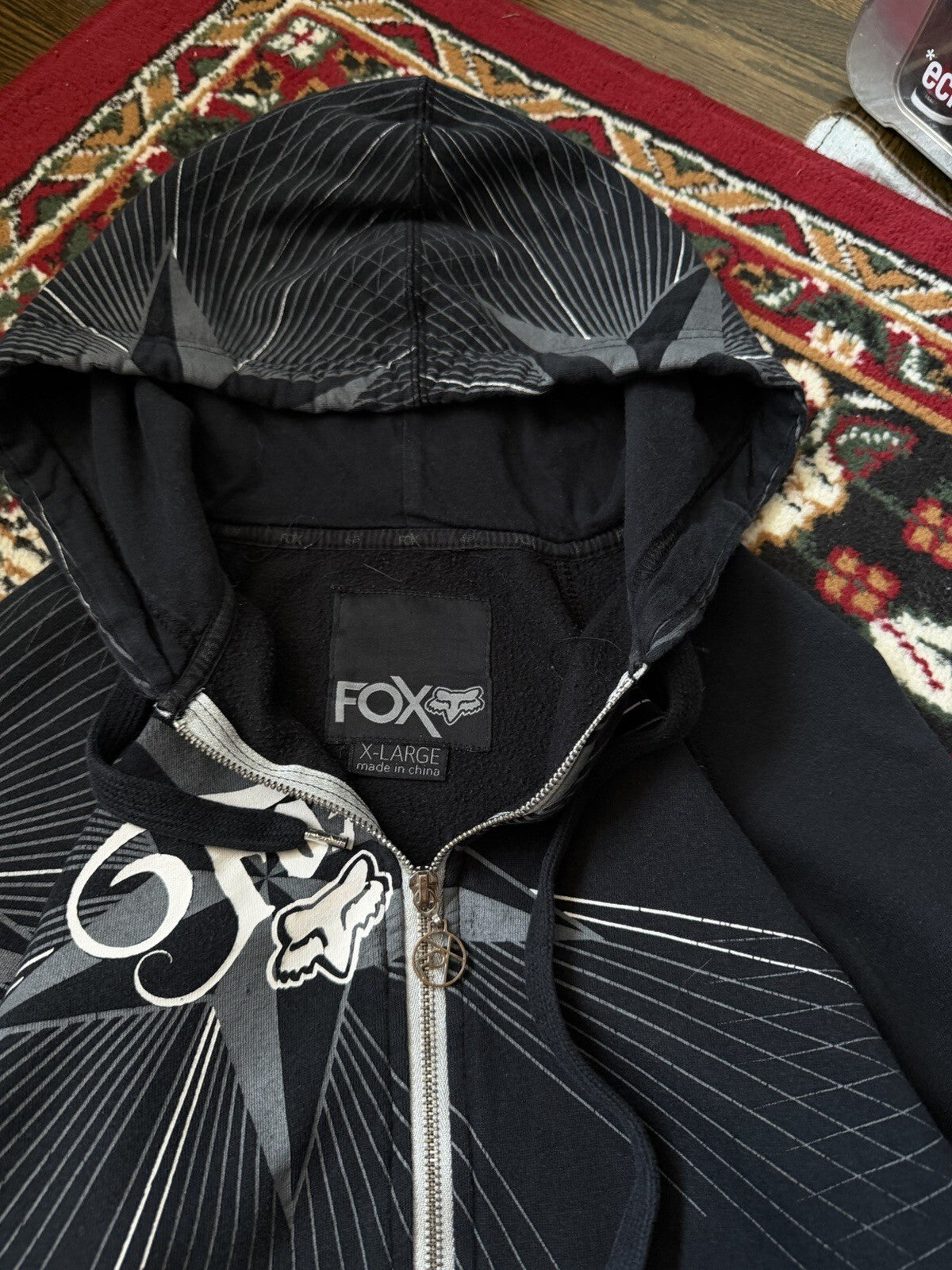 Y2K Fox Vintage All Over Print Grunge Women's XL Black Full-Zip Up Hoodie