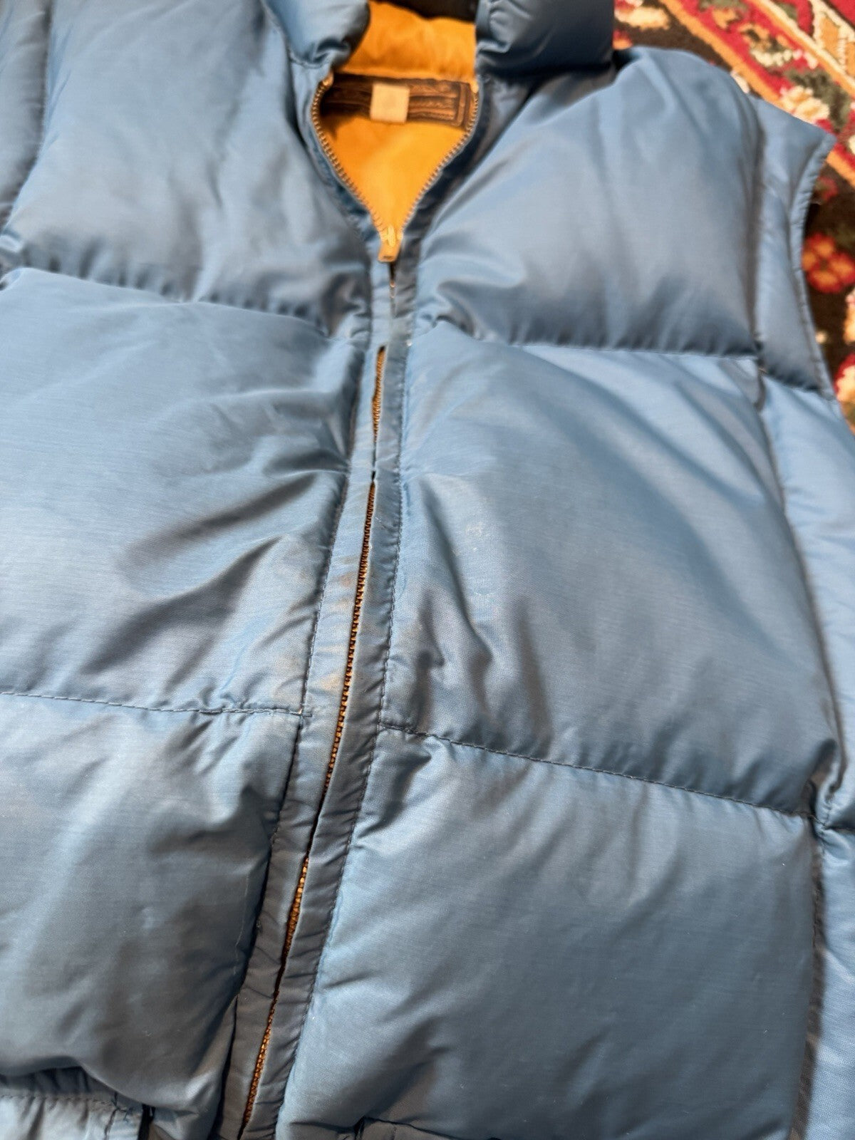 VTG 70s Eddie Bauer Goose Down Puffer Vest Blue Quilted Talon Zip Tan USA M