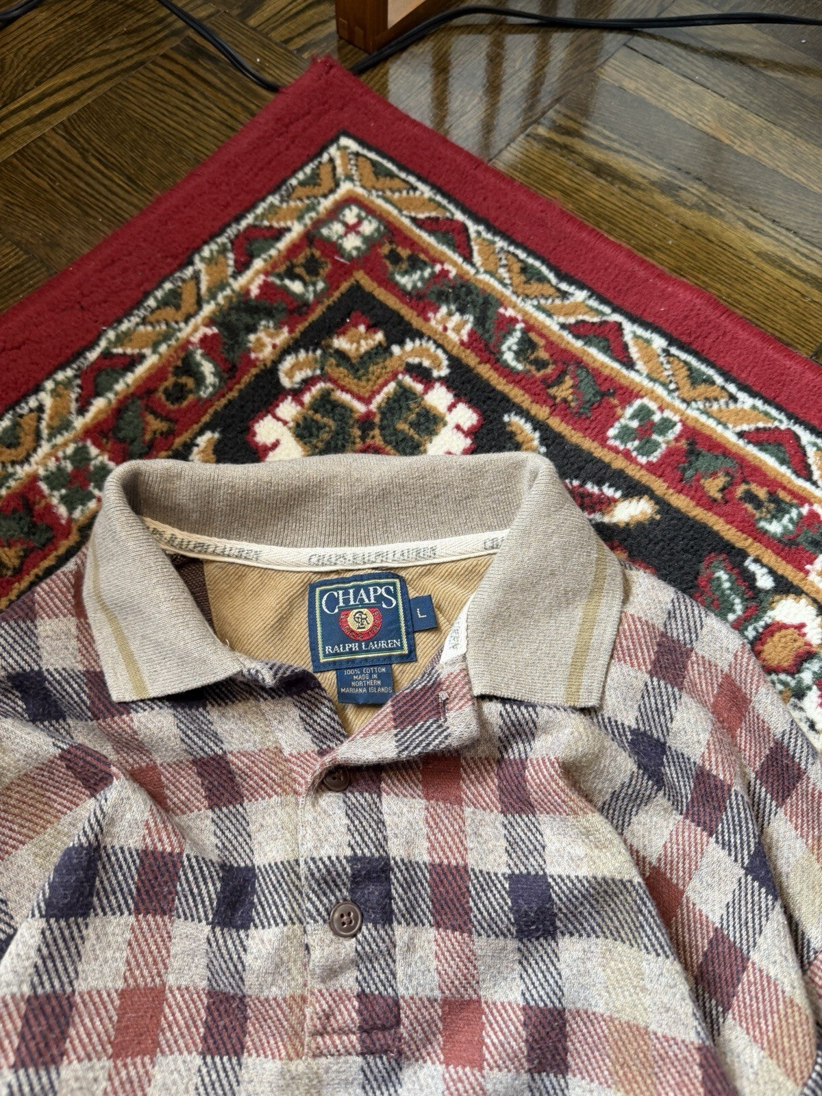 Vintage Chaps Ralph Lauren Plaid Rugby Polo Shirt Men Large Long Sleeve 90s