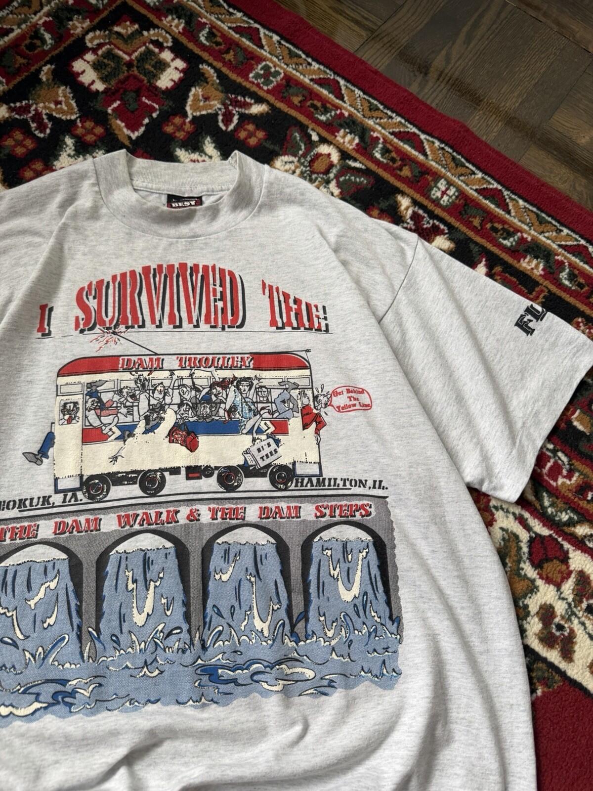 Vintage "I Survived The Dam Trolley Great Flood of 1993" T-Shirt Size L Tee 90s