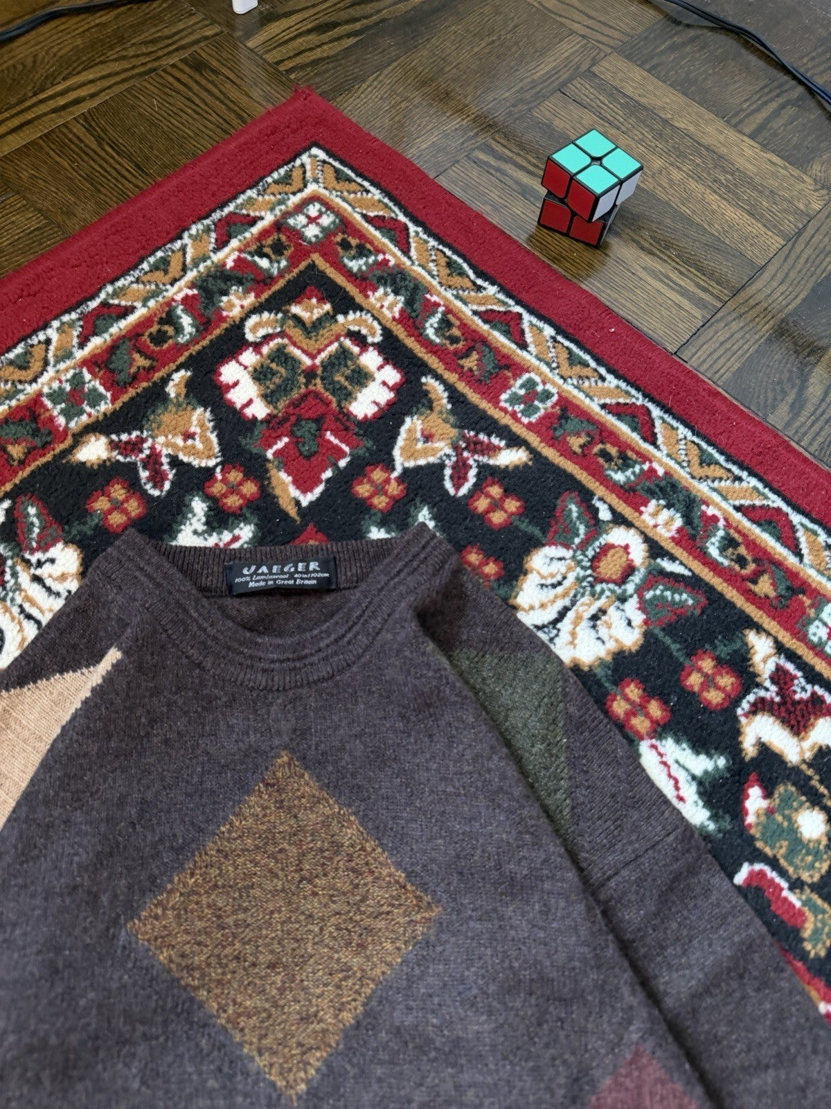 Jaeger Men’s Sweater Geometric Colorblock 100% Lambswool Made in Great Britain