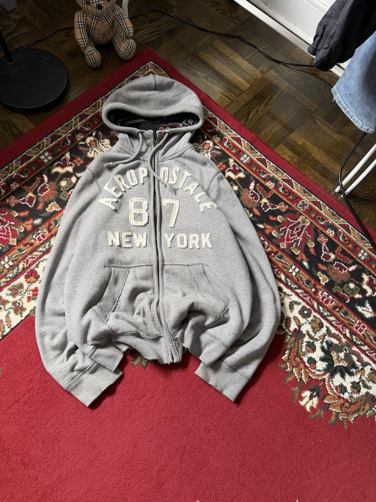 Y2K Aeropostale Faux Fur Vintage Grunge Gray Jacket Hoodie Large