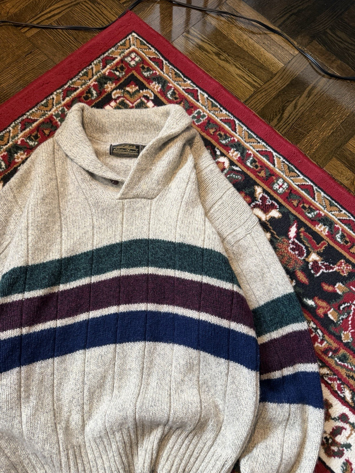 Vintage Eddie Bauer Sweater Mens XL Wool Shawl Collar Made In USA Striped 90s