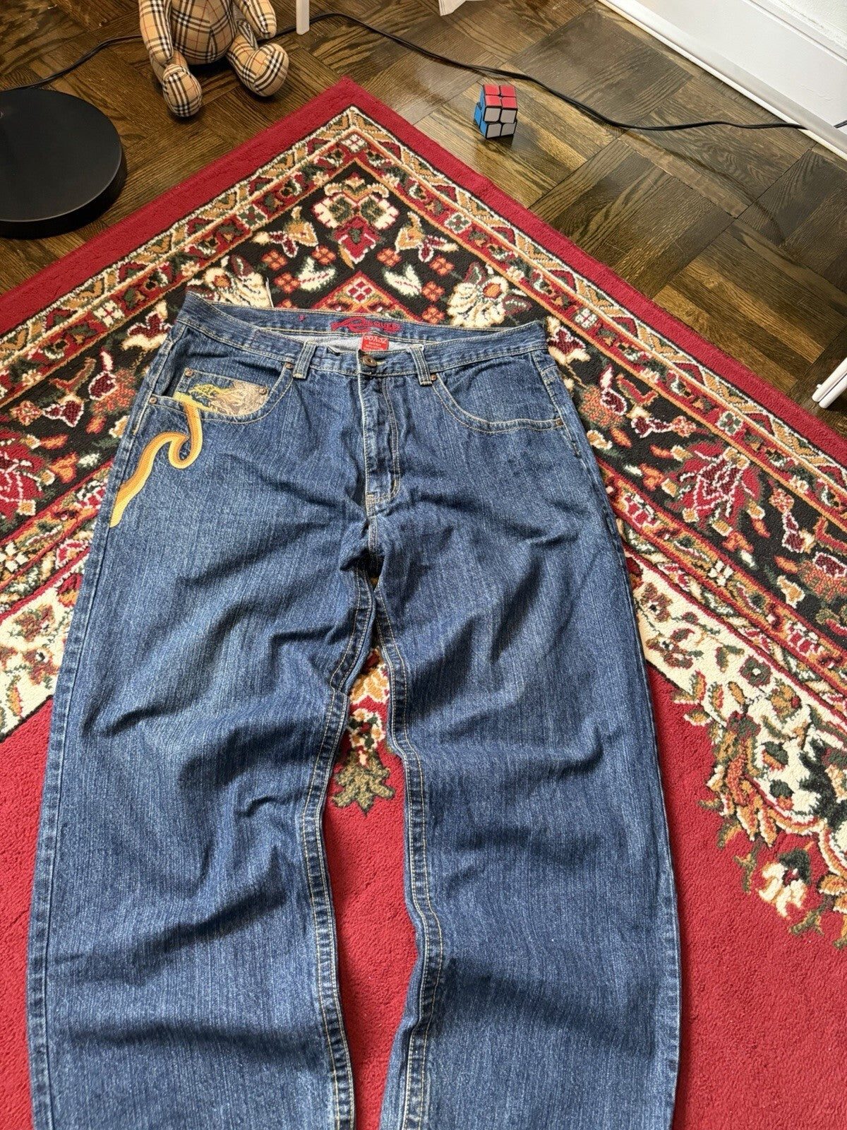 Vintage Request Lion Print Jeans Men 38/32 Blue Denim Embroidered Y2K 90s Skater