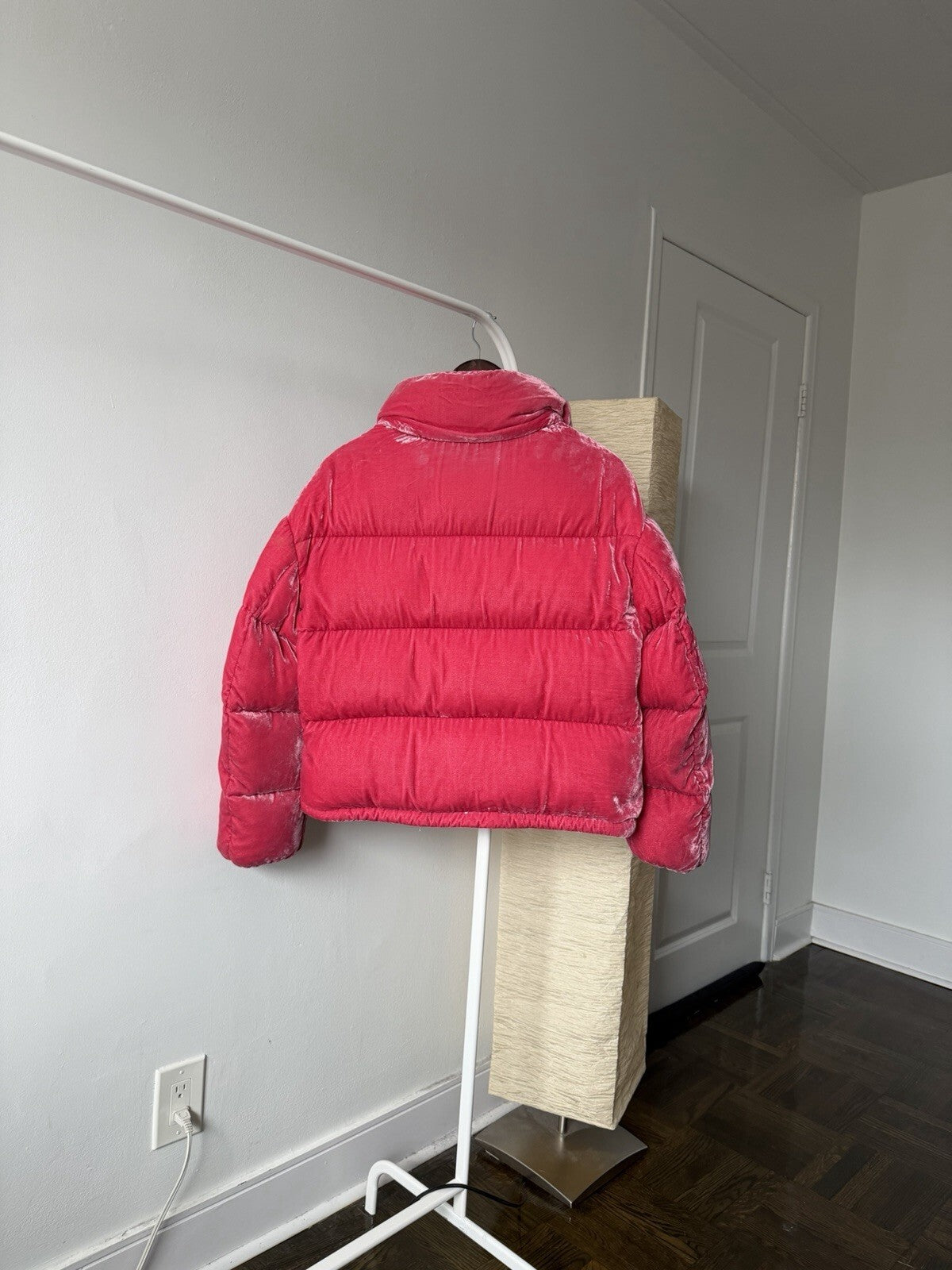 Moncler Fuchsia Caille Velvet Puffer Jacket Coat Womens 0 Pink