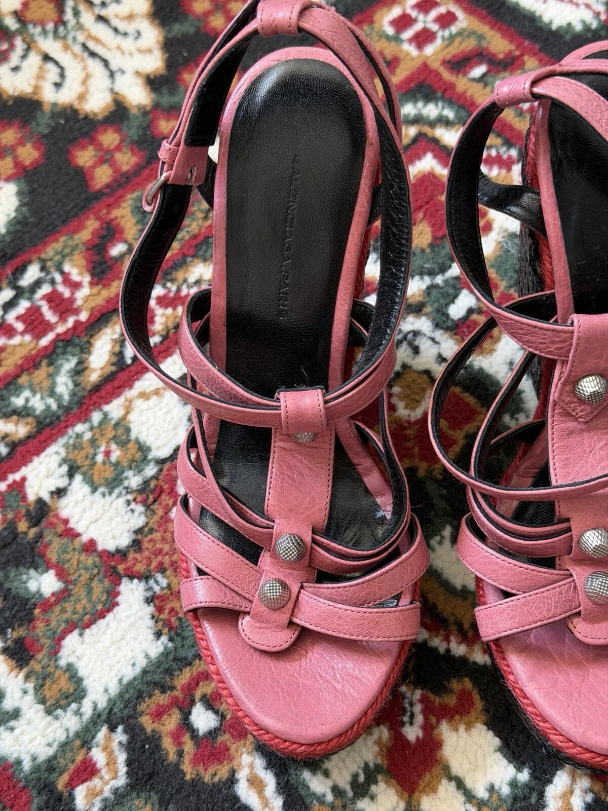 Balenciaga Pink Studded Leather Lacquered Raffia Wedge Platform Sandals Sz.36