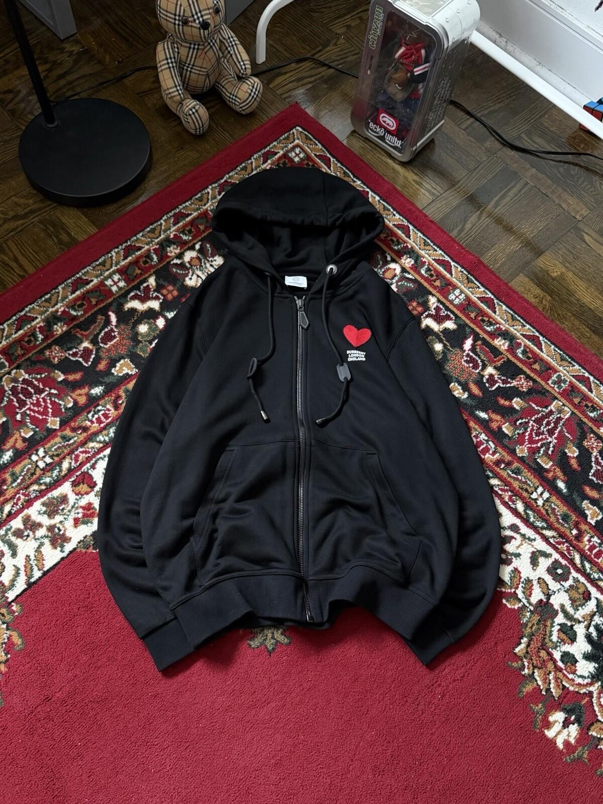 Burberry London Heart Black Full Zip Hoodie Cotton Logo Pockets Size M