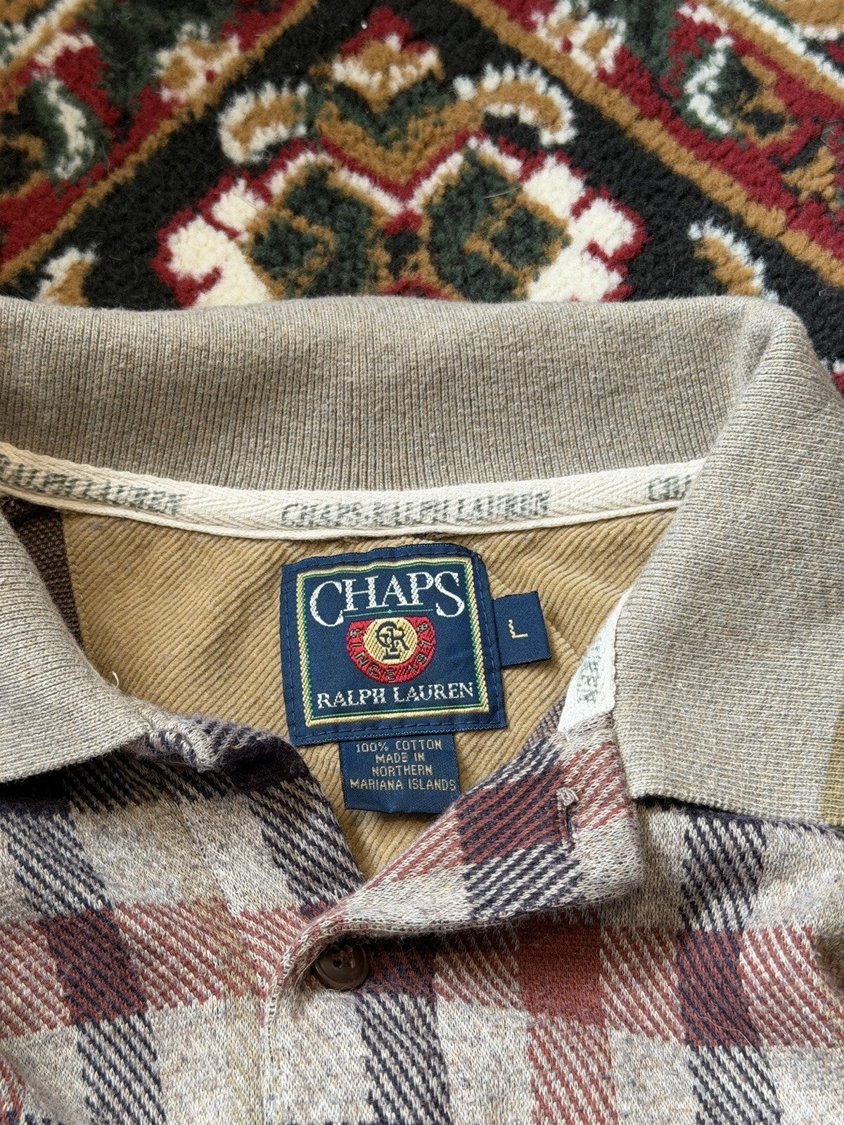 Vintage Chaps Ralph Lauren Plaid Rugby Polo Shirt Men Large Long Sleeve 90s
