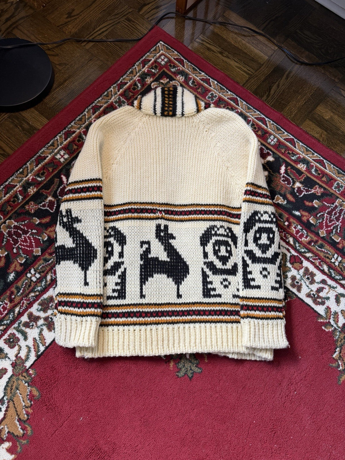 Vintage 70s Hand knit Cowichan Cardigan Lama Open Robe Style Sweater Sz S/M