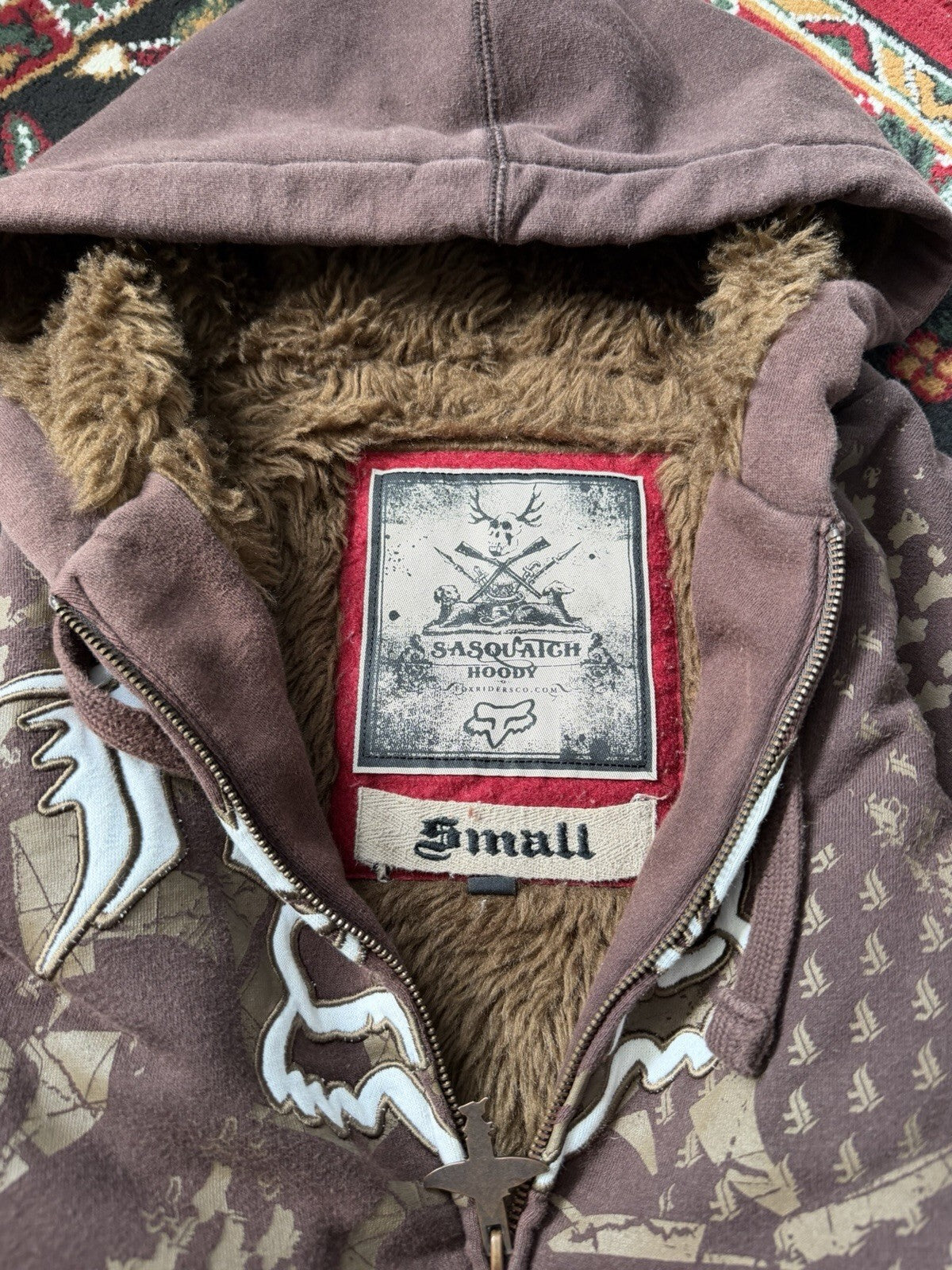 Vtg Y2K Fox Racing Sasquatch Fur Lined Full Zip Hoodie Small Mocha Brown Jacket