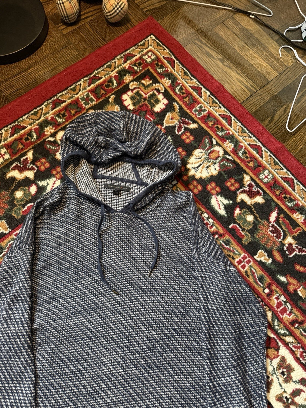 John Varvatos Knit Hoodie Mens Large Cotton Long Sleeve Pullover Textured Slim