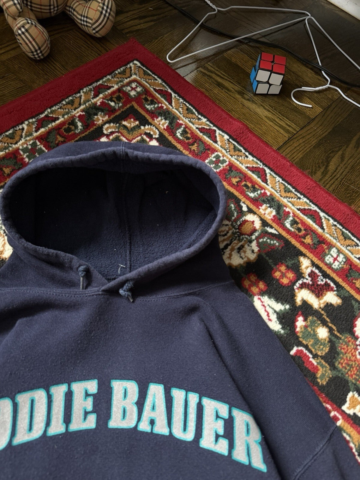 Vintage Eddie Bauer Distressed Spell Out Heavyweight Hoodie Blue