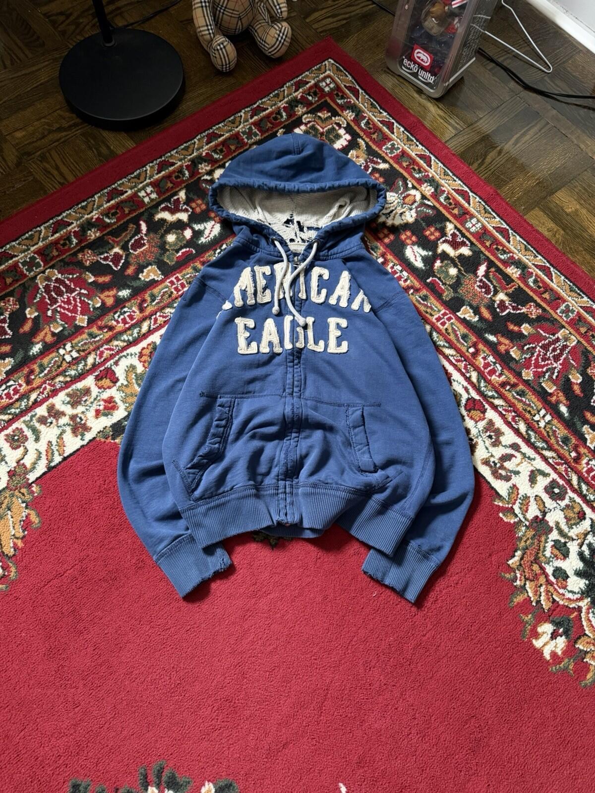 Vintage Y2K American Eagle Zip Hoodie Thermal Hood Distressed Mens Small Grunge