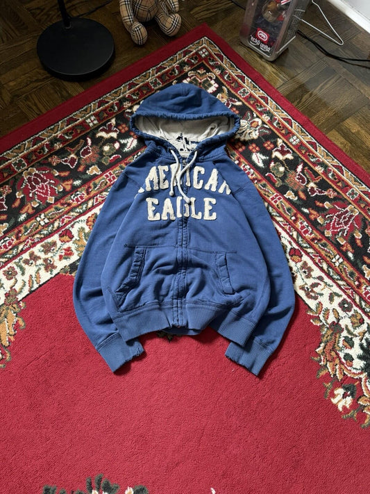 Vintage Y2K American Eagle Zip Hoodie Thermal Hood Distressed Mens Small Grunge