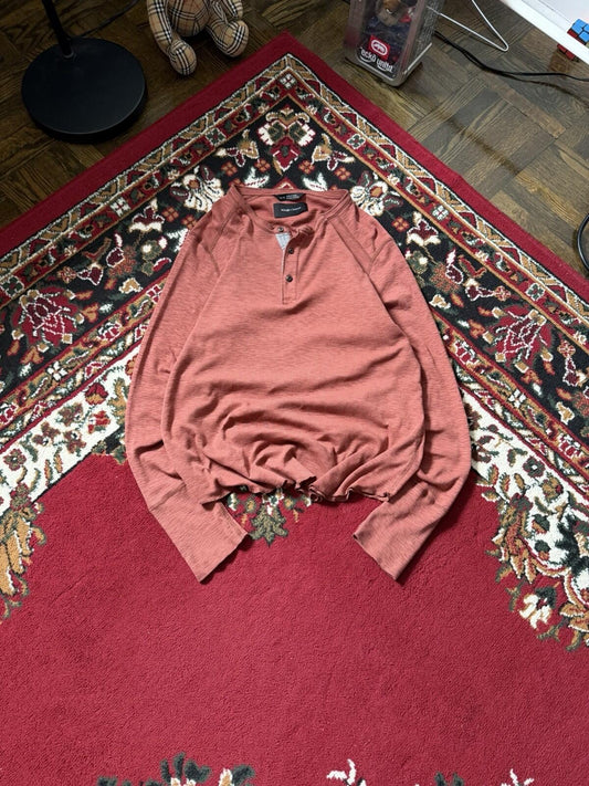 Wings + Horns Shirt Mens Medium Coral Henley Crewneck Long Sleeve Sweater